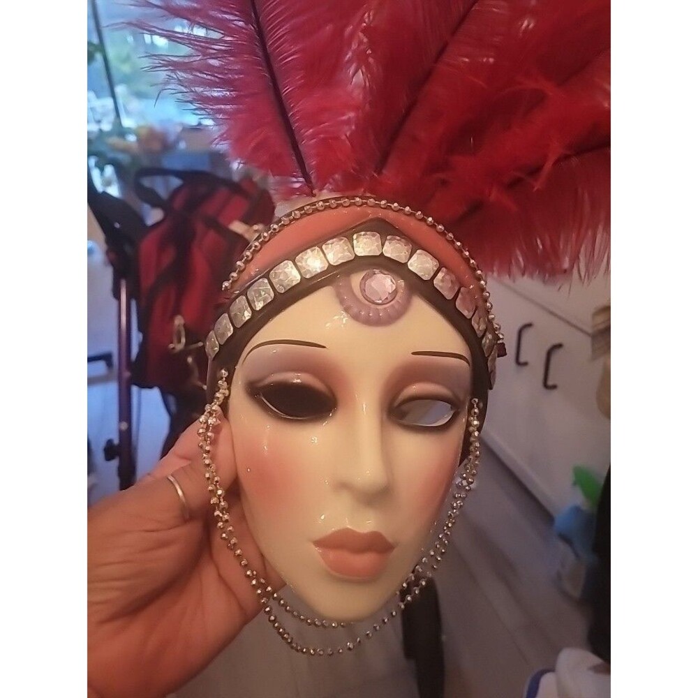 VINTAGE MASK - CLAY ART OF SAN FRANCISCO - ELEGANT PINK FEATHERS - JEWELED -RARE